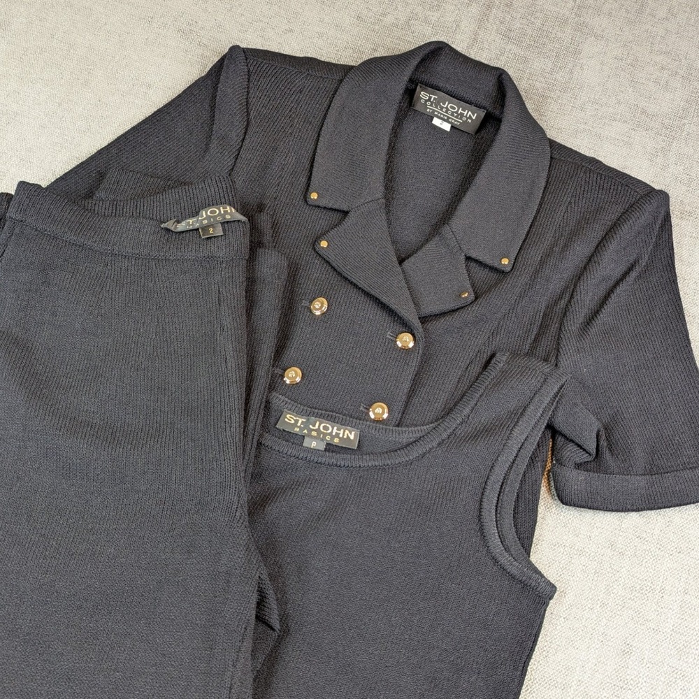 St. John 3pc Pant Suit Womens 2 Black Knit Double Breasted Jacket Tank Wide Leg